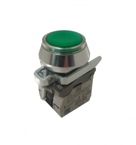 Выключатель Briswik КЕ 171/1м -ЛС 220В зеленый 2но+0нз цилиндр с подсветкой IP66 УХЛ2 10А | код aT-EB-6Ai-7322 | Briswik