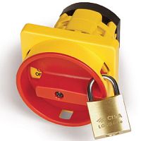 Желтая площадка и красная ручка под замок, 92х92, на винты. С возможностью блокировки двери | код AZ21201 | DKC